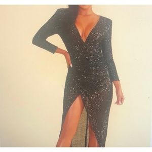 Black Sequin Dress ~ Sexy V-Neck & Leg Slit